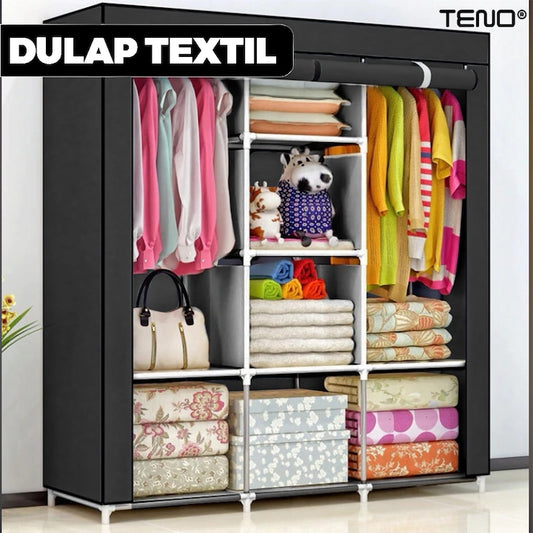 Dulap din Material Textil pentru Haine si Incaltaminte Teno®, impermeabil, 8 rafturi, inchidere fermoar, suport umerase, cadru otel, 170 cm, negru