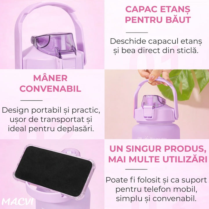 Bidon fitness Macvi® de apa 2L multicolor, plastic PC fara BPA, cu duza, maner si inscriptii motivante, etansa cu garnitura siliconica