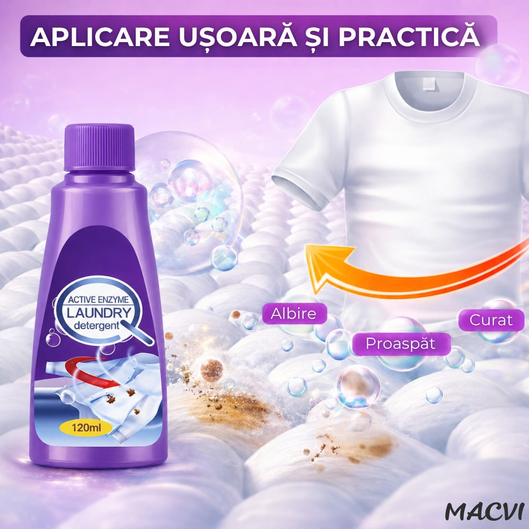 Detergent lichid pentru indepartarea petelor Macvi®, cu enzime active, pentru toate tipurile de haine, 120 ml, actiune imediata