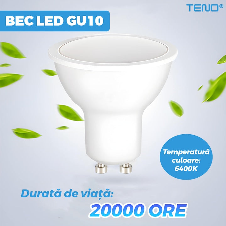 Bec LED GU10 Teno®, durata de viata de 20.000 de ore, temperatura culoare 6400K, 5W, 450 lm, tensiune alimentare 220-240V, alb rece