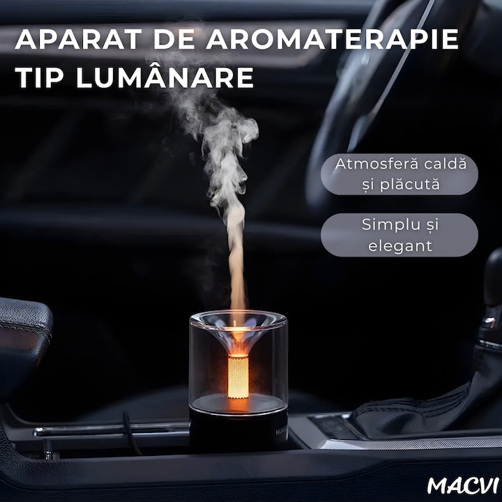 Umidificator Aromaterapie Macvi® cu Efect Flacara Tip Lumanare 250 ml Portabil USB cu Oprire Automata Pulverizare Arome LED Ambiental pentru Dormitor Bucatarie Masina