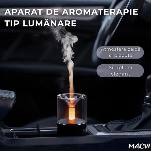 Umidificator Aromaterapie Macvi® cu Efect Flacara Tip Lumanare 250 ml Portabil USB cu Oprire Automata Pulverizare Arome LED Ambiental pentru Dormitor Bucatarie Masina