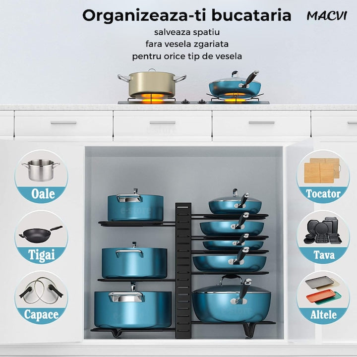 Suport reglabil 9 tigai si oale Macvi® din metal, 8 separatoare, protectie cauciuc, utilizare verticala/orizontala, negru