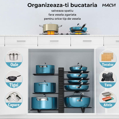 Suport reglabil 9 tigai si oale Macvi® din metal, 8 separatoare, protectie cauciuc, utilizare verticala/orizontala, negru