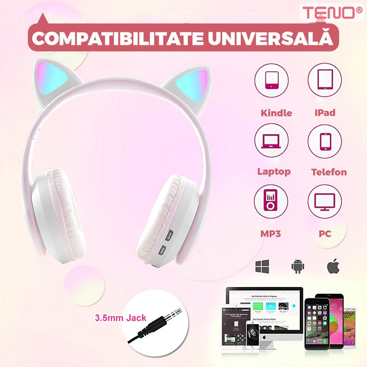 Casti Wireless Model Pisica Teno®, B39, overear, urechi de pisica cu iluminare RGB, bluetooth 5.0, handsfree, HiFi, bass stereo, alb