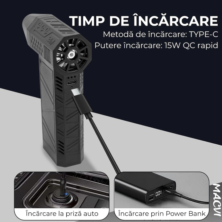 Suflanta aer fara fir Macvi® motor puternic 130000RPM baterie reincarcabila flux de aer reglabil negru