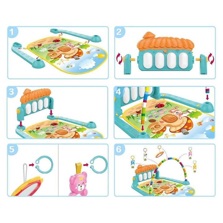 Centru de activitate si covoras bebelusi Macvi®, pian muzical interactiv, 5 jucarii detasabile, lavabil, educativ, 0-12 luni, multicolor