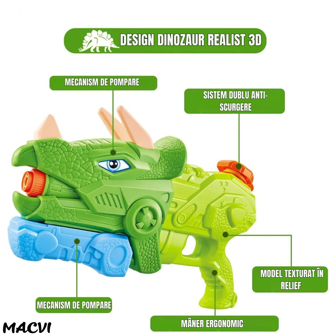 Pistol cu apa Macvi® dinozaur, rezervor 1330 ml, 35 cm, 3 duze, raza actiune 8 m, PVC rezistent, durabil, +6 ani, verde moss