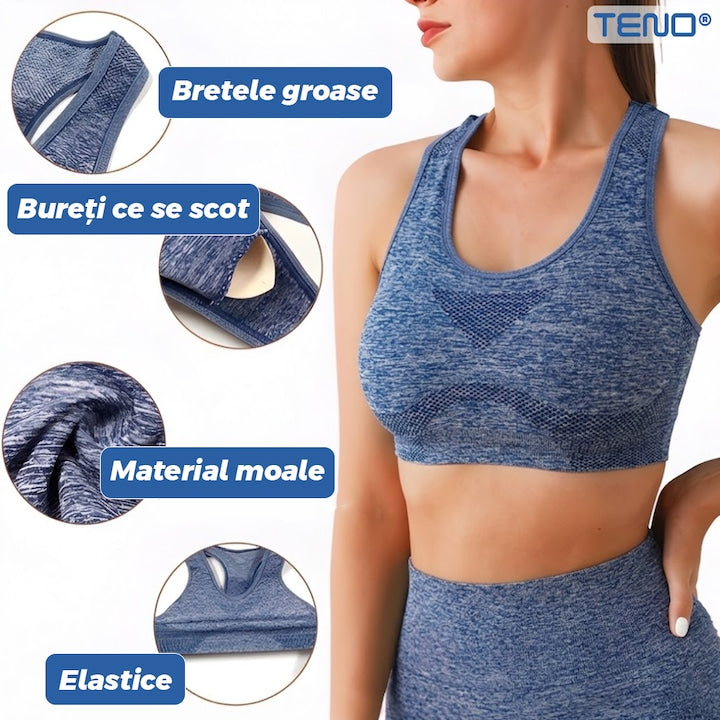 Set Costum Fitness Teno, colanti si bustiera, albastru, one size