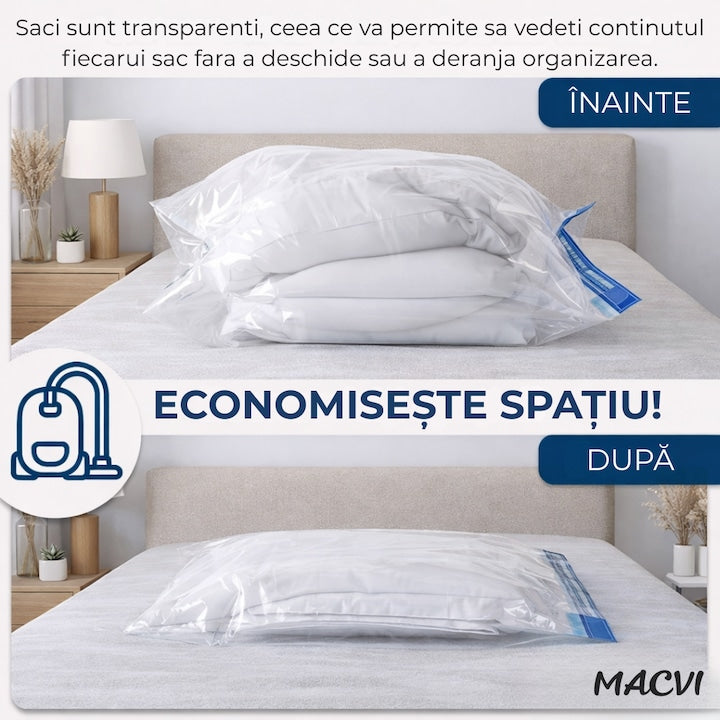 Set 11 Piese Saci de Vidat Macvi®, 10 Saci Vacuum Reutilizabili + Pompa Manuala, 40×60 cm, 50×70 cm, 60×80 cm, 80×100 cm, Economisire Spatiu pana la 80%