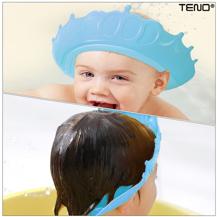 Palarie de Baie pentru Copii Teno®, protectie impotriva samponului pentru ochi si urechi, reglabila, forma coroana rege/regina, albastru