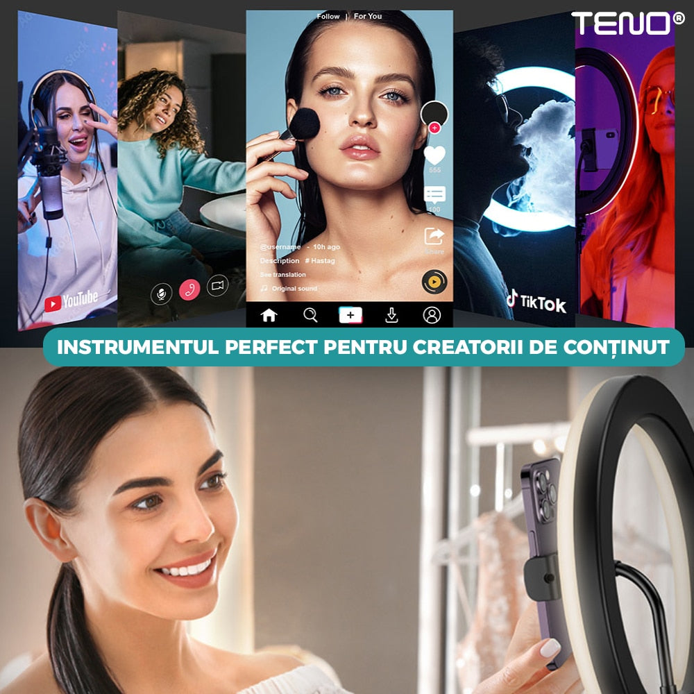 Lampa Circulara Ring Light Teno®, Diametru 56cm/22 Inch, 3 moduri de lumina, 10 trepte reglaj, telecomanda si trepied 210 cm incluse, suport triplu telefon, compatibilitate universala, alb