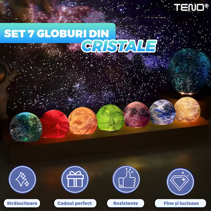 Lampa de Veghe Teno®, 7 bile de cristal, ambientala, lumini LED, suport de lemn, lumina cu protectie pentru ochi, multicolor