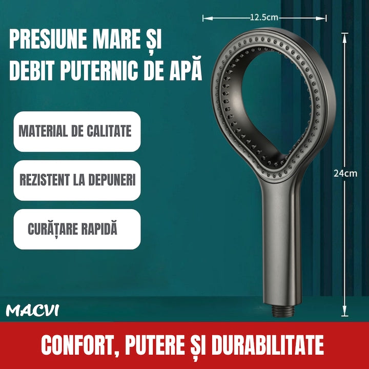 Cap de dus Macvi® cu jet reglabil, flexibilitate versatila, moduri multiple de pulverizare, finisaj Gri