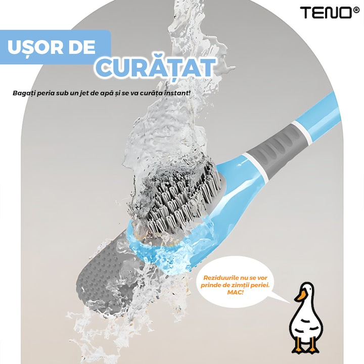 Perie pentru Toaleta Ratusca Teno®, din silicon, model adorabil, carcasa ou, suport adeziv montabil pe orice suprafata, 2 capete, capat cioc din silicon, capat cu peri pentru pete, albastru