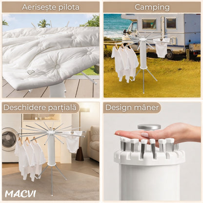 Uscator Rufe Macvi® Caracatita cu 1 Nivel Design Pliabil, Picioare Stabile, Ideal pentru Uscare Rapida in Spatii Mici, Aluminiu