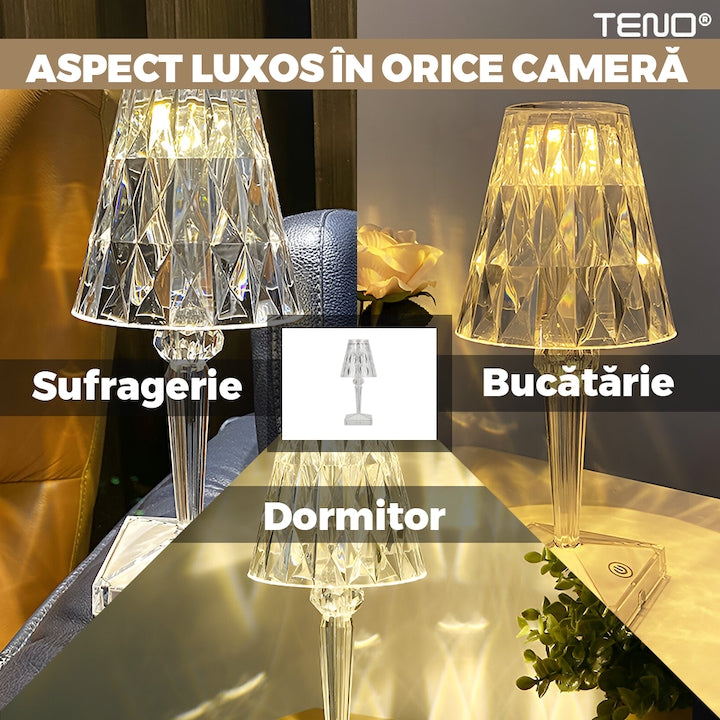 Lampa Ambientala Cristal LED Teno®, veioza, portabila, 3 moduri de iluminare, intensitate ajustabila, tactila, incarcare USB