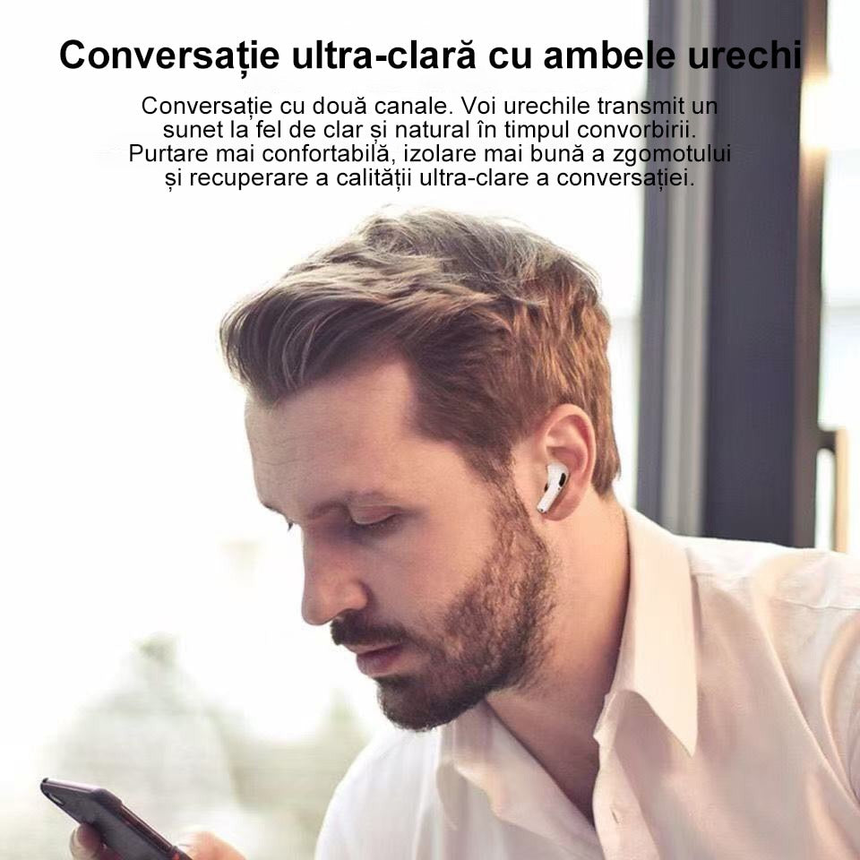 Casti wireless Air Pro 3 Macvi®, compatibile Android/iPhone, HD audio/ voce, dual HD true stereo, performanta, confort, cutie de incarcare portabila, autonomie 24 h, control tactil inteligent, Alb