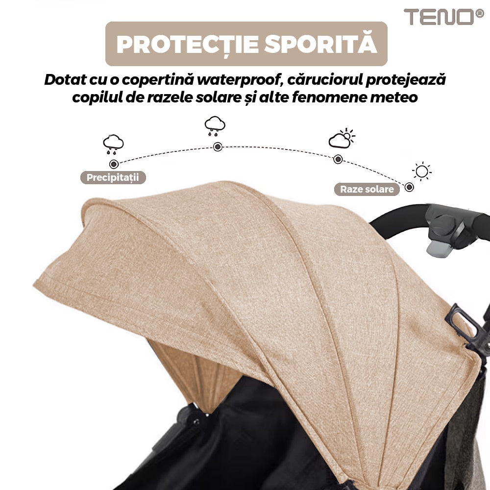 Carucior Sport pentru Bebelusi Teno®, pliabil, usor de carat, sezut reglabil, spatios, cosulet dorsal, copertina retractabila, greutate maxima suportata 25 kg, bej