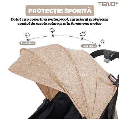 Carucior Sport pentru Bebelusi Teno®, pliabil, usor de carat, sezut reglabil, spatios, cosulet dorsal, copertina retractabila, greutate maxima suportata 25 kg, bej