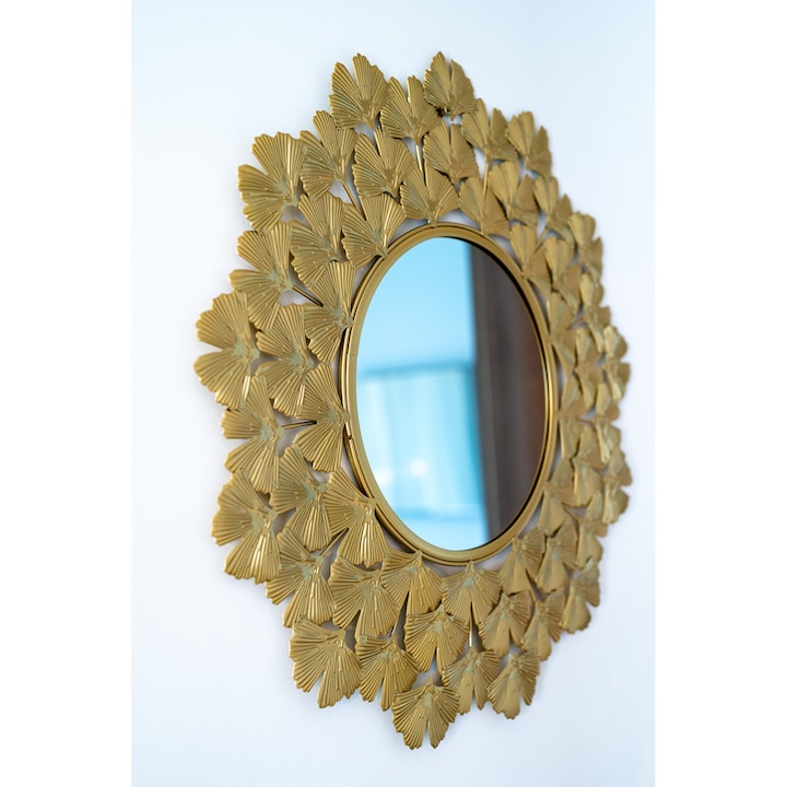 Oglinda Decorativa Macvi® cu Rama Metalica Aurie 32 cm Model Frunze Eleganta pentru Living Dormitor Hol