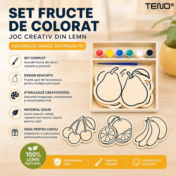 Set de Pictura Teno®, tematica fructe, din lemn, culori vibrante, dezvolta creativitatea, cutie de depozitare, acuarele incluse, multicolor