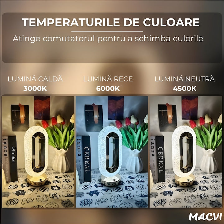 Lampa de masa Macvi® tip cristal eleganta, 3 culori, control touch, reincarcabila prin USB, acrilic modern