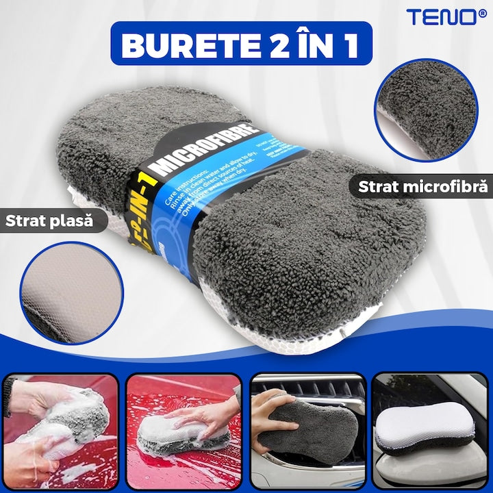 Kit pentru Curatare si Detailing Auto Teno®, interior/exterior, pamatuf, manusa, burete dublu, 3 lavete, 3 piese pentru lustruire, microfibra, gri