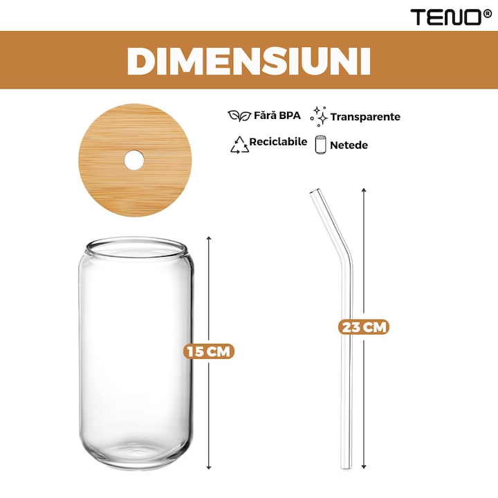 Set 4 Pahare de Sticla cu Capac si Pai Teno®, sticla borosilicata, capac din bambus, design modern, termorezistente, capacitate 500 ml, 15 cm