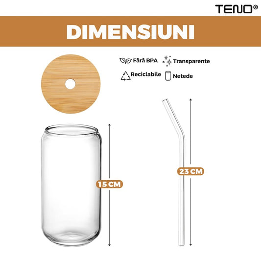 Set 4 Pahare de Sticla cu Capac si Pai Teno®, sticla borosilicata, capac din bambus, design modern, termorezistente, capacitate 500 ml, 15 cm