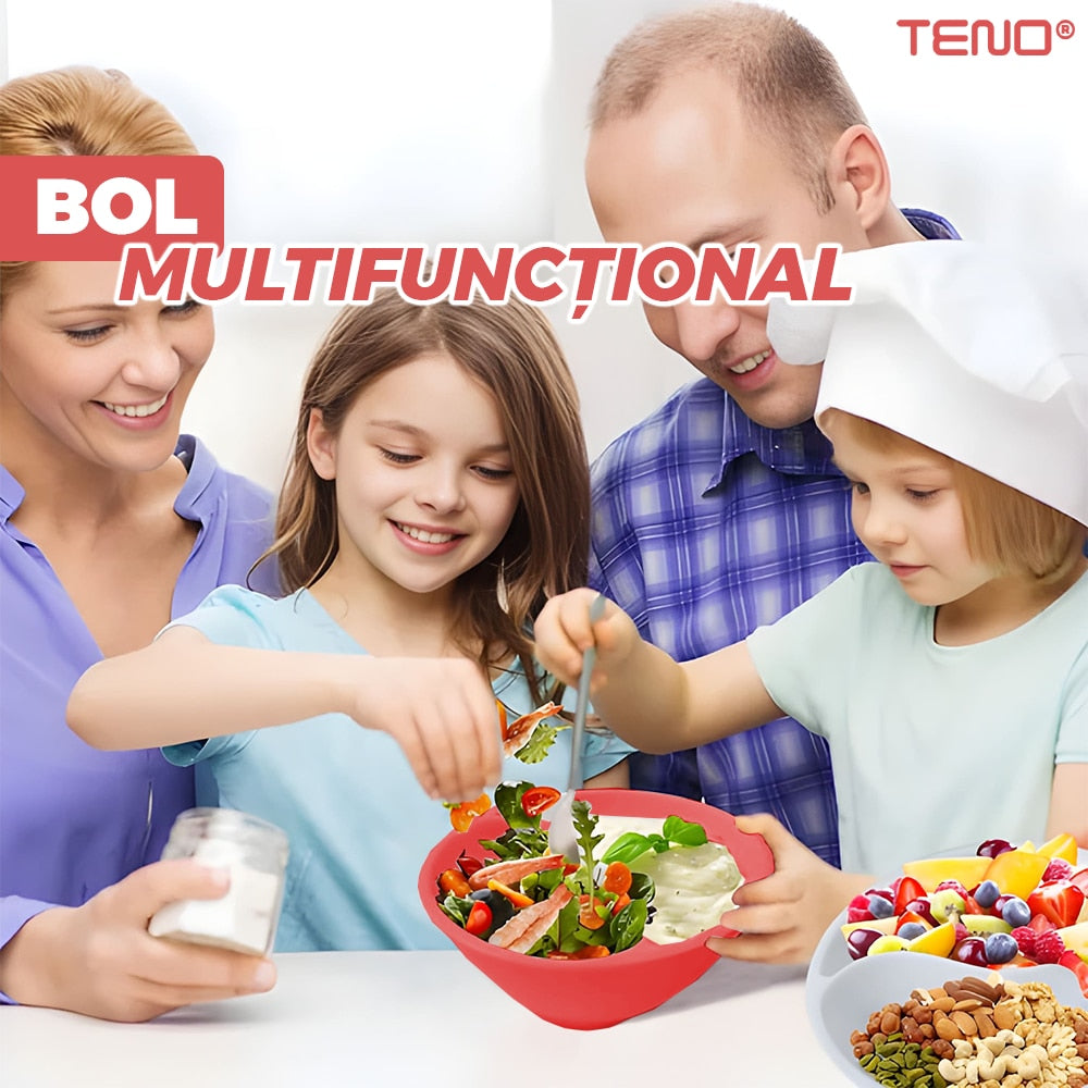 Bol Cereale 3 in 1 Teno®, separator incorporat, maner dorsal de prindere, cereale crocante, universal, 18.5 x 10 cm, rosu