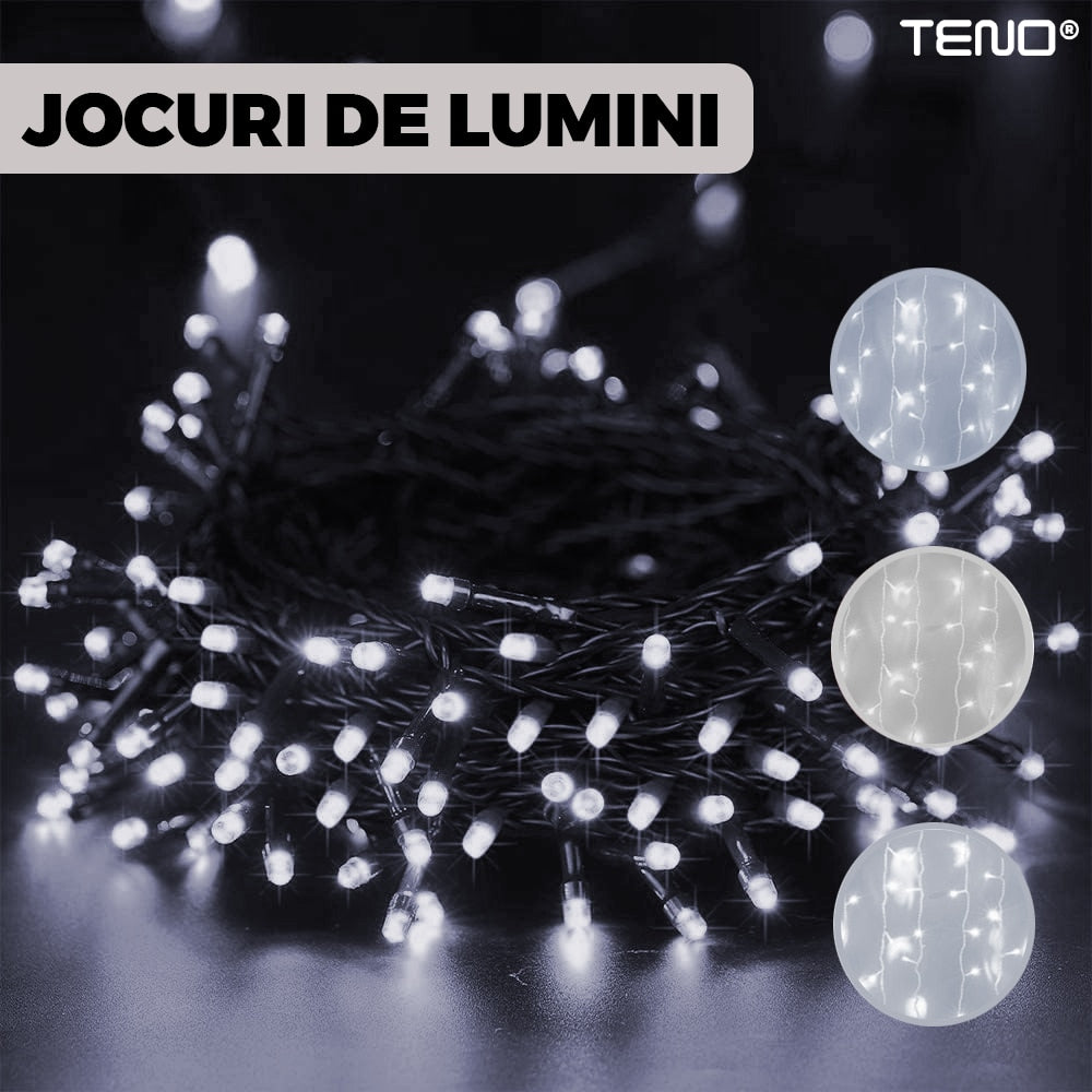 Instalatie de Craciun Liniara cu Panou Solar Teno®, 10 m, 8 jocuri de lumini, alimentare la priza, fir verde, interior/exterior, rezistenta la apa, 100 LED-uri, alb rece