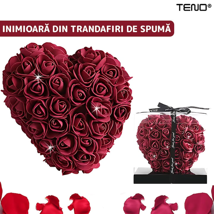 Inimioara din Trandafiri de Spuma Teno®, floral burgundy, handmade, cutie transparenta, eleganta si naturala, nemuritoare, 17 cm