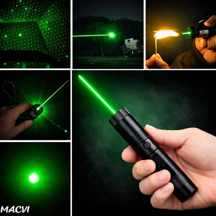 Laser Pointer Macvi® 405nm, 200mW, aluminiu, negru, cu blocare pentru copii, 100-500m