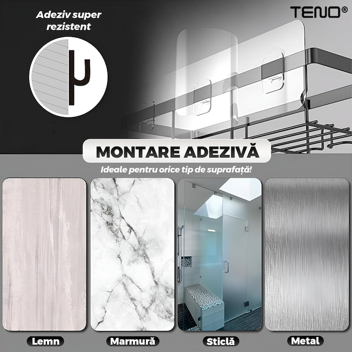 Set 2 Rafturi pentru Dus Teno®, depozitare si organizare, baie/bucatarie, otel inoxidabil, montare adeziva, rezistenta ridicata, cuiere incorporate, suporturi inalte, negru