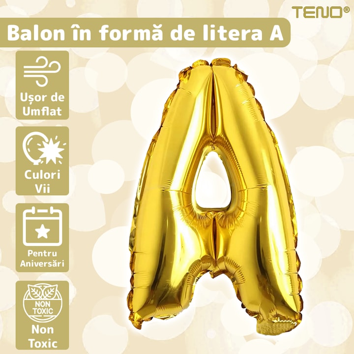 Balon in Forma de Litera A Teno®, metalizat, pentru Petreceri/Aniversari/Evenimente, rezistent, folie, gold, 40 cm