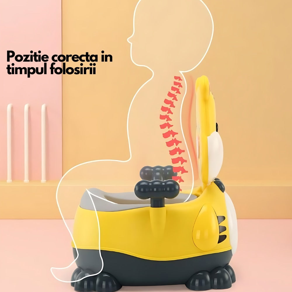 Olita copii Macvi® cu manere, colac moale non-toxic, model vacuta, margini rotunjite si sistem anti-stropire, 6 luni - 3 ani, albastru/galben