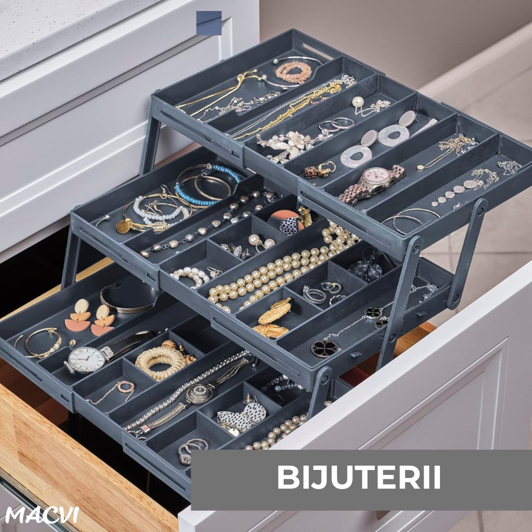 Macvi® Organizator Sertar Extensibil pe 3 nivele pentru Bijuterii si Cosmetice, 24, 13 x 19, 05 x 6, 99 cm, Negru, Sistem Reglabil cu Compartimente
