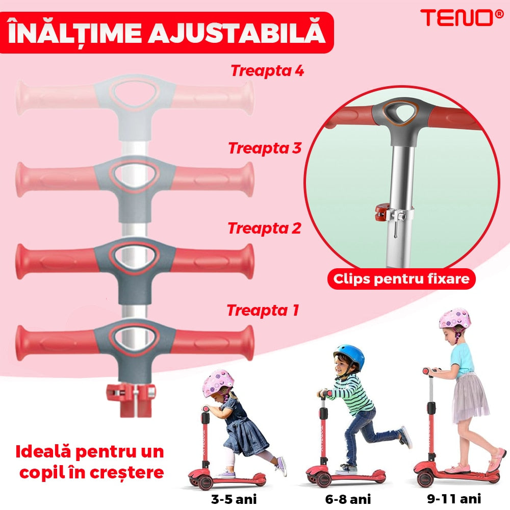Trotineta pentru Copii cu Lumini Teno®, 3 roti, pliabila, anti-aluncare, inaltime ajustabila, stabila, frana, incorporata, 3-11 ani, rosu