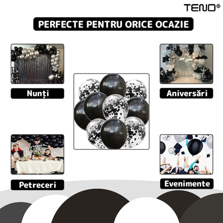 Set 10 Baloane Teno®, Confeti, pentru Petreceri/Aniversari/Evenimente, o singura dimensiune, 2 culori, latex, negru