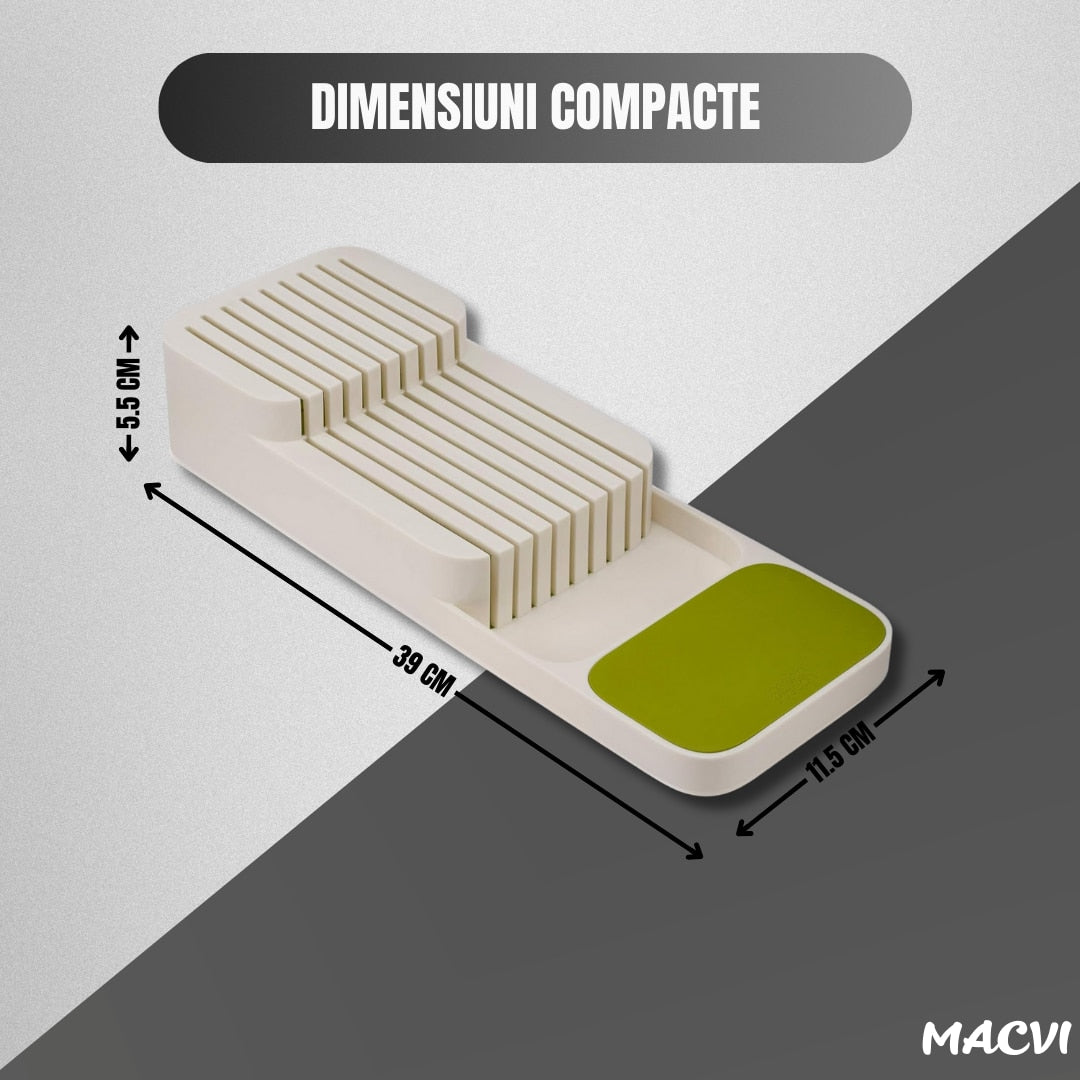 Suport sertar pentru cutite Macvi® organizator compact depozitare sigura material durabil design ergonomic stabilitate sporita economie de spatiu, alb