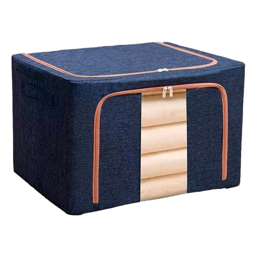 Organizator depozitare Macvi® 100 litri, cutie textila pliabila cu capac si fermoar, panou transparent pentru vizualizare si cadru metalic robust, ideala pentru haine voluminoase si depozitare