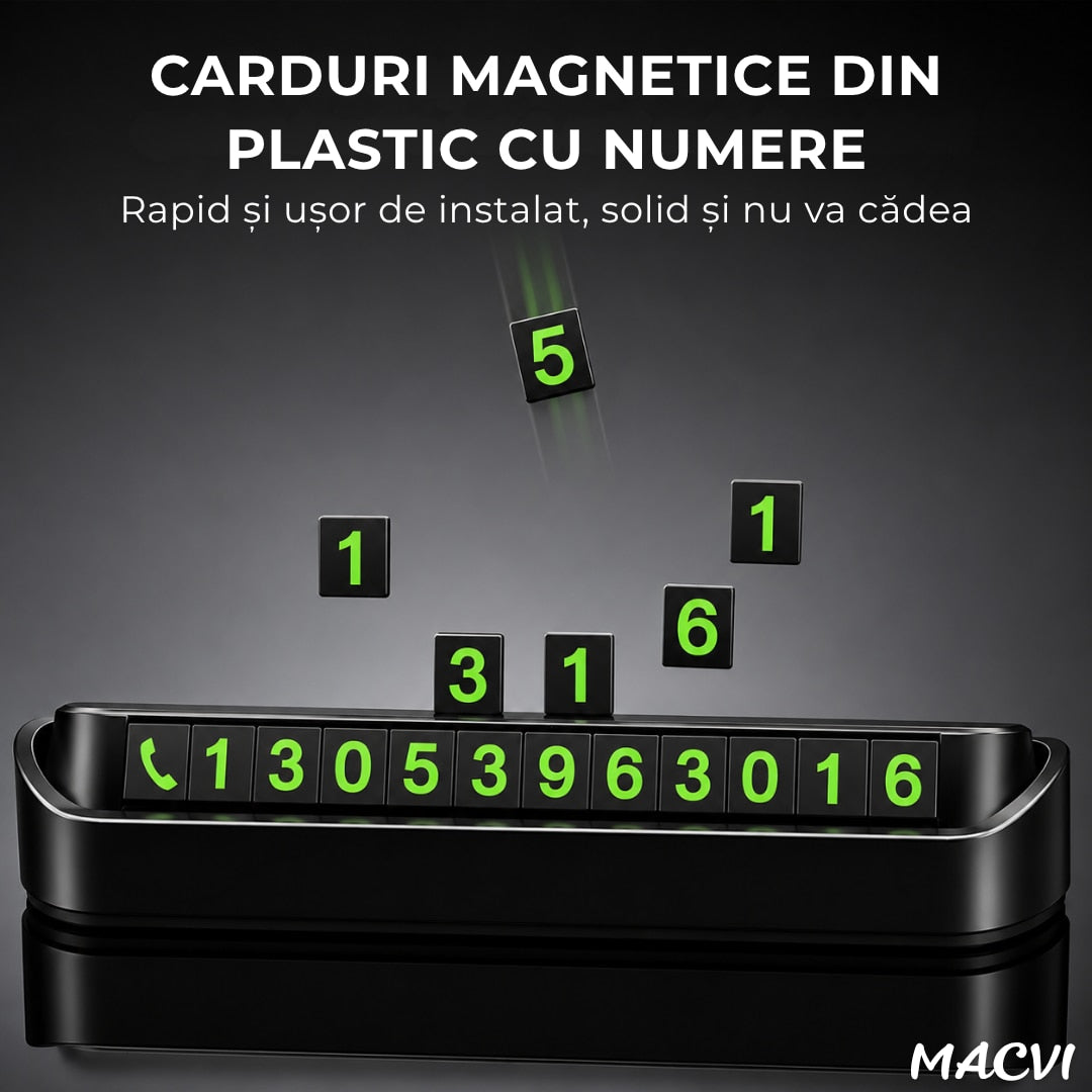 Suport numar telefon auto, MACVI, afisaj retractabil, negru, 13x3.5x2.6cm, set cu placute magnetice
