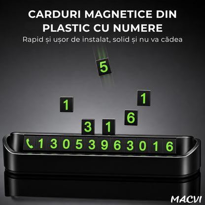 Suport numar telefon auto, MACVI, afisaj retractabil, negru, 13x3.5x2.6cm, set cu placute magnetice