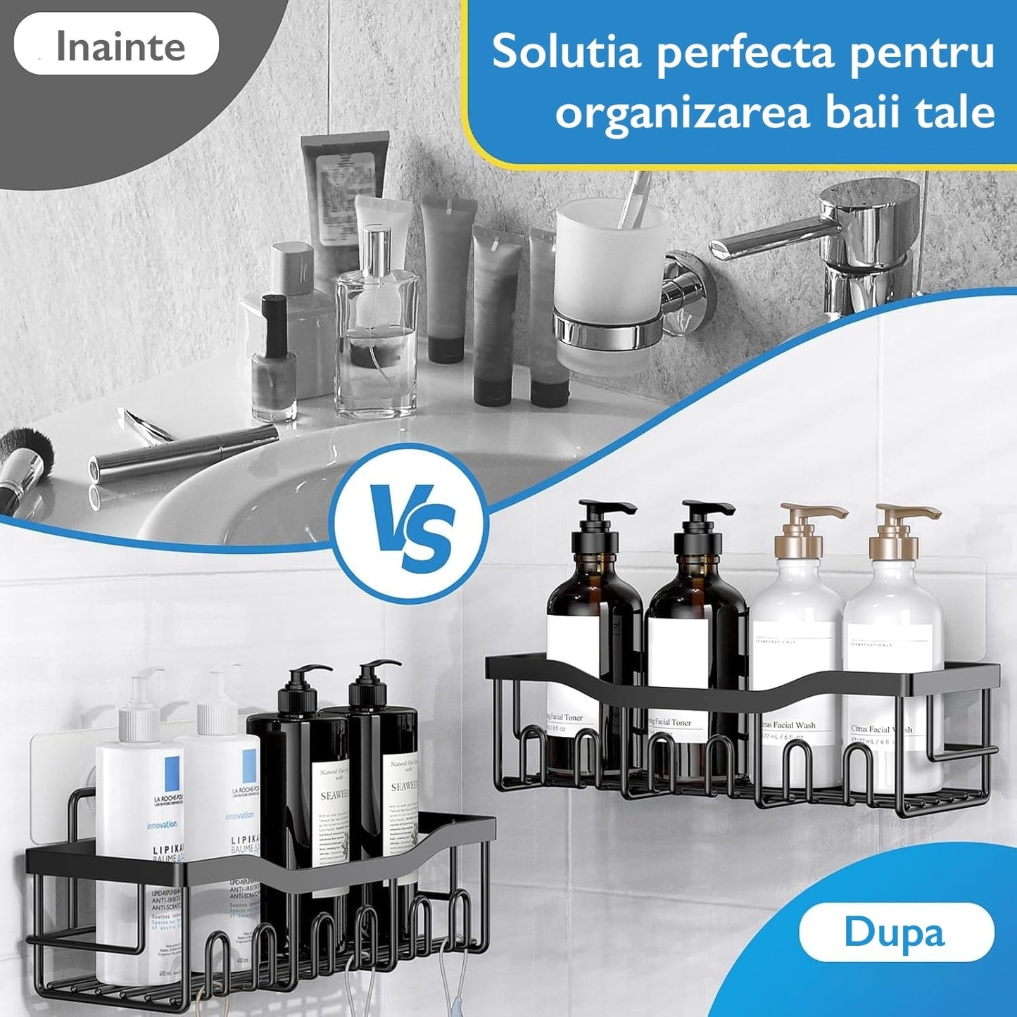 Set 5 Rafturi Organizatoare Macvi® pentru Baie si Bucatarie, Inox Negru, Montaj Fara Gauri, Suport Sapun, Periute si Gel de Dus, Design Modern si Durabil