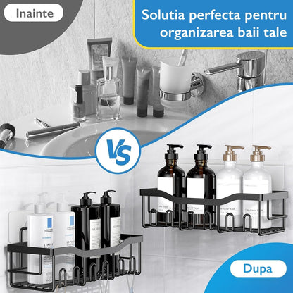 Set 5 Rafturi Organizatoare Macvi® pentru Baie si Bucatarie, Inox Negru, Montaj Fara Gauri, Suport Sapun, Periute si Gel de Dus, Design Modern si Durabil