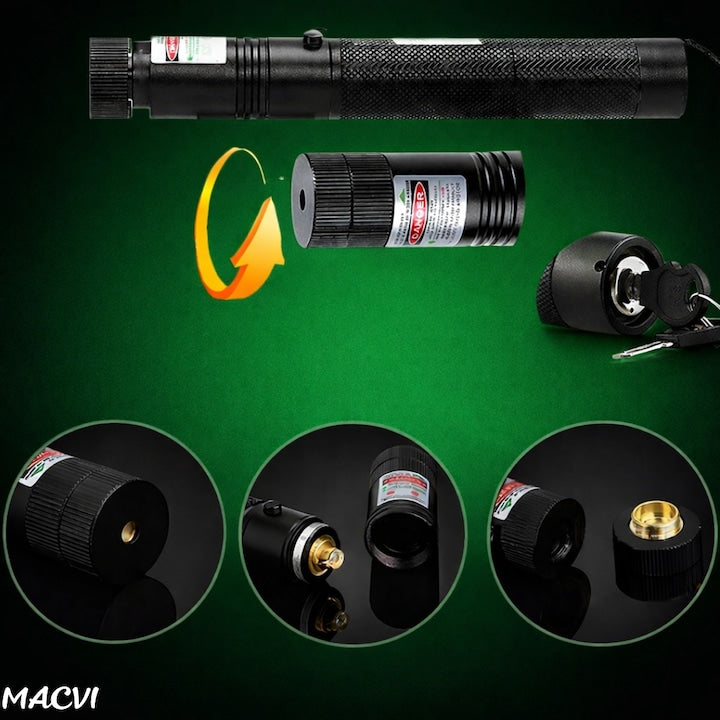 Laser Pointer Macvi® 405nm, 200mW, aluminiu, negru, cu blocare pentru copii, 100-500m