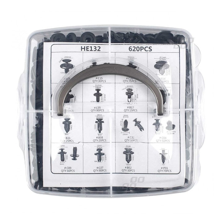 Set Cleme Auto 620 Piese Macvi, 16 Tipuri, Plastic Rezistent, Cutie Organizare