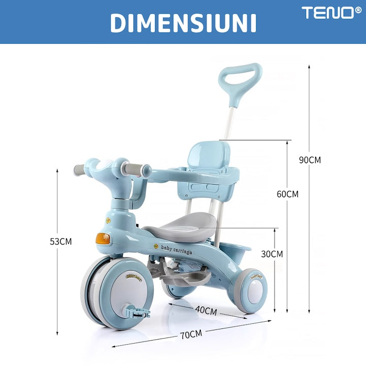 Tricicleta Multifunctionala Teno®, structura stabila, pedale anti-derapante, suport picioare, cosulet pe spate, spatar detasabil, parasolar, muzica incorporata, albastru
