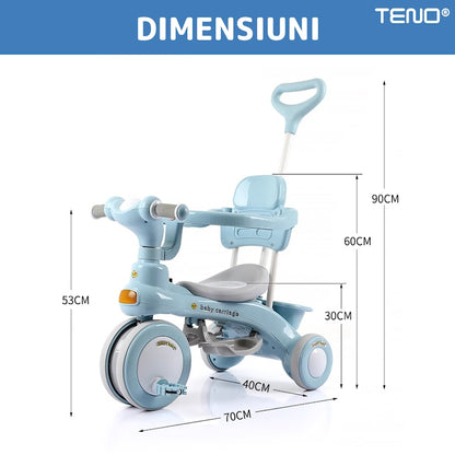 Tricicleta Multifunctionala Teno®, structura stabila, pedale anti-derapante, suport picioare, cosulet pe spate, spatar detasabil, parasolar, muzica incorporata, albastru